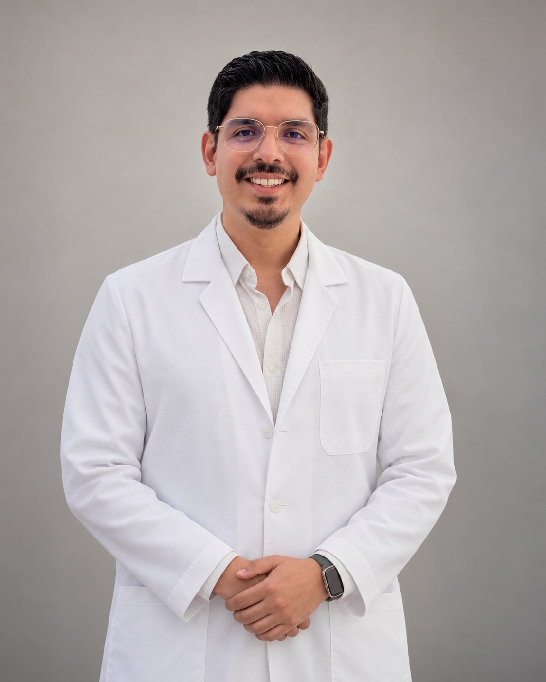 Dr. Joel García con bata médica